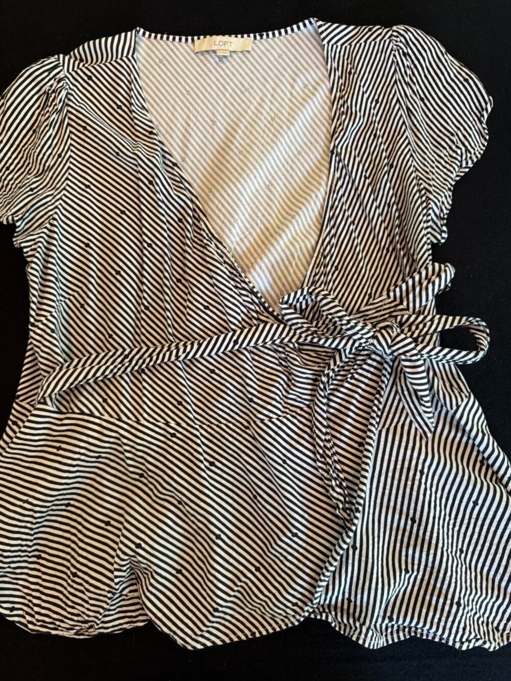 LOFT Black & White Peplum Tie Short Sleeve Blouse Size L